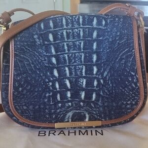 Brahmin Navy Croc-Embossed Crossbody with Brown Trim